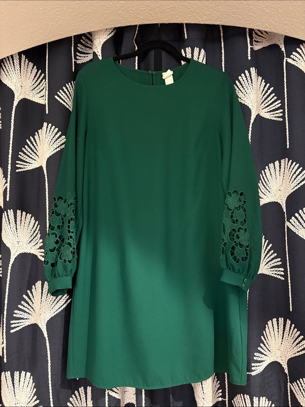 H&M Emerald Green Long Sleeve Shift Dress with Floral Lace Sleeves